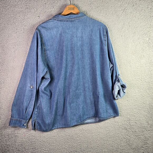 VTG Faded Glory Denim Shirt 3X Pearl Snap Roll Tab Western Y2K Cotton Side Slits - Picture 2 of 16